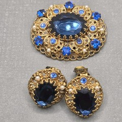 Vintage West Germany Brooch And Clip On Earrings Blue Rhinestones Faux Pearls