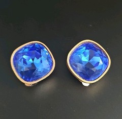 Vintage Mary Frost Crystal Royal Blue Gold Clip Earrings Statement Runway