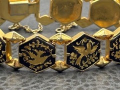 Vintage Damascene Gold Plated Hexagon Black Enamel Phoenix Bird Bracelet 7.25”