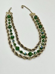 Signed Napier 3 Strand Green Aurora Borealis Crystal Bead Gold Chain Necklace