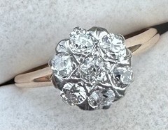 ART DECO 1930’s OLD MINE CUT DIAMOND DAISY FLOWER RING 13K 14K 15K GOLD