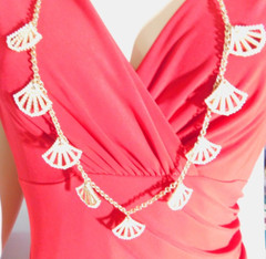 White Peach Acrylic Rhinestone Gold Tone Metal Fan Dangle Chain Necklace Vintage