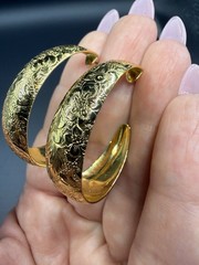 Vintage Large Thick Who Like Golden Flower Etched Earrings