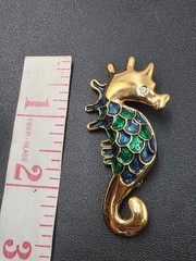 Vintage 1980s Gold-Tone Enamel Seahorse Brooch | Blue & Green Coastal Ocean Pin