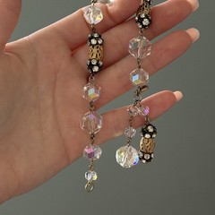 Vintage Clear AB Crystal Gold Tone Flower Openwork Beaded Tassel Bracelet 6.75″