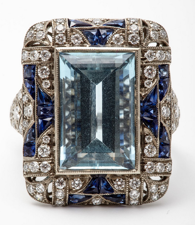 Classic 20TH Century Filigree Style Old Mine Cut Aquamarine, Sapphire & CZ Ring