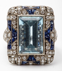 Classic 20TH Century Filigree Style Old Mine Cut Aquamarine, Sapphire & CZ Ring