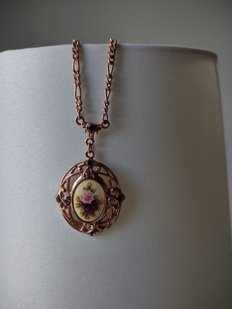 1928 Rose Gold Tone Purple Rhinestone Porcelain Pendant 27” Necklace