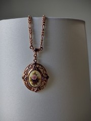 1928 Rose Gold Tone Purple Rhinestone Porcelain Pendant 27” Necklace