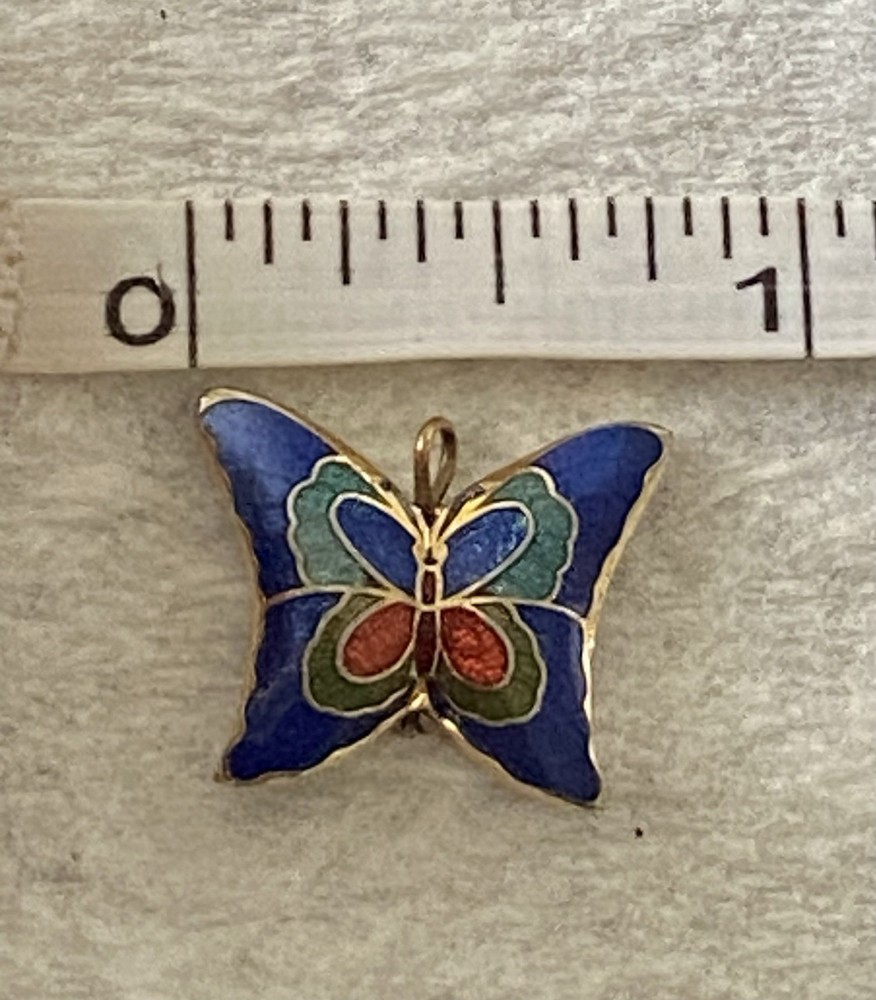 VINTAGE CLOISONNE PUFFY BUTTERFLY PENDENT Gold Plated 3/4” Enamel