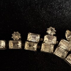 Vintage Clear Rhinestone Statement Tennis Necklace, Box Chain, 15″ Silver Tone
