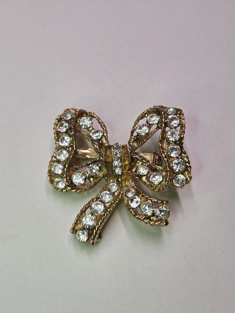 Vintage Bow Rhinestone Gold-tone Brooch Pin/pendant