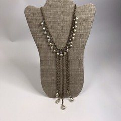 Vintage Art Deco Brass Glass Dangler Faux Pearl Statement Necklace