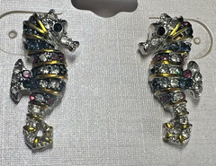 Vtg Seahorse Earrings Silver & Gold Tone Multi-color pierced Crystal Ave NOS