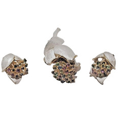 VTG Silver Frost w/Gold Tone Brooch & Earrings Set Flowers MultiColor Rhinestone