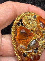 Vintage Rhinestone Brooch Orange Domed Fall Autumn