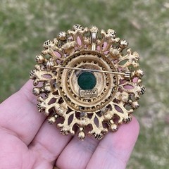 Vintage Karu Arke Inc. Rhinestones Faux Pearls Faux Jade Pendant Brooch