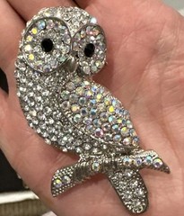 VTG OPC SIGNED AURORA BOREALIS RHINESTONE OWL BIRD BROOCH PIN PENDANT