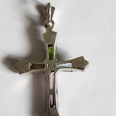 Sterling Silver 925 Cross Pendant With Baguette Cut Multicolored Gemstones