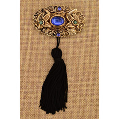 Vintage Cabochon Tassel Pin Brooch Lightweight Antiqued Gold Blue Black BinBG