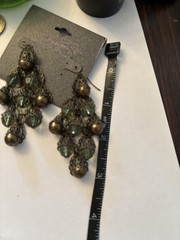 Retro Antiqued Bronze Tone Green Chandelier Dangle Earrings Glass Beads Filigree