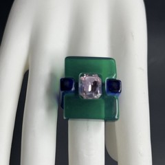 Modernist Lucite Ring Blue Green Rhinestone Sz 7.25 Statement Chunky Post Modern