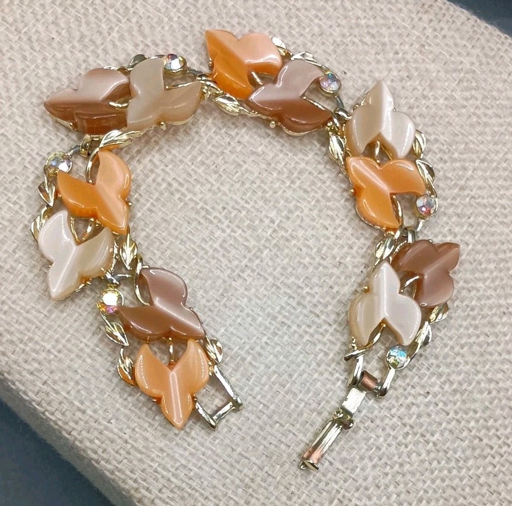 THERMOSET PLASTIC Bracelet Vintage Molded Leaf Gold Tone Fall AB Crystal 7 in