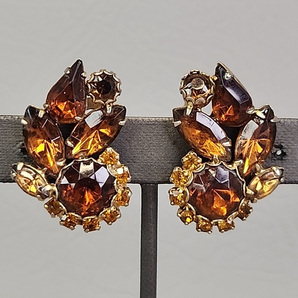Vintage Rhinestone Clip On Earrings Climber Brown Glass Autumn Fall 1.25″