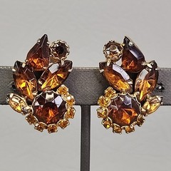 Vintage Rhinestone Clip On Earrings Climber Brown Glass Autumn Fall 1.25″