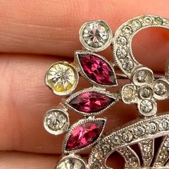 Vintage Pot Metal Flower Basket Rhinestone Brooch Silver Tone READ