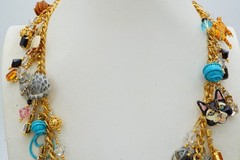 Vintage Lunch At The Ritz Necklace Gold Tone Kitty Cat Charm Rhinestone 22″