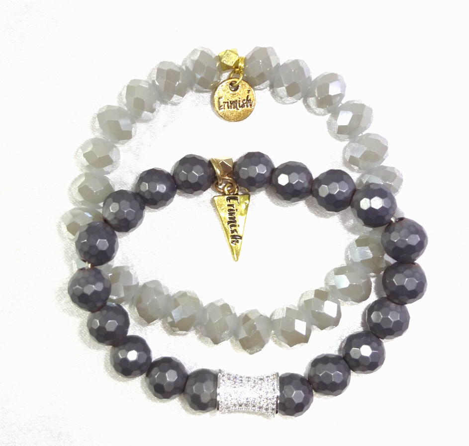 2 ERIMISH Faceted Glass Bead Stretchy Bracelets Sparkly Rhinestones on 1 Piece!