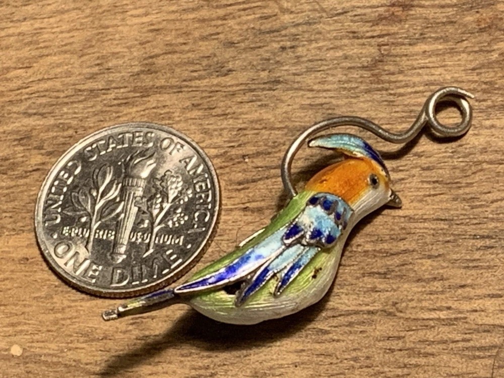 Vintage Enamel Sterling Silver Lovely Artisan Bird Of Paradise Pendant