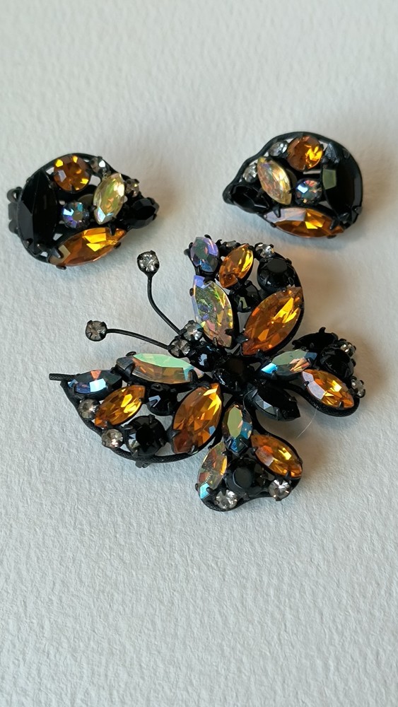 Vintage 1950s metal rhinestone butterfly brooch and matching earring set