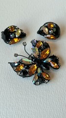 Vintage 1950s metal rhinestone butterfly brooch and matching earring set