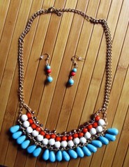 Southwest Design Necklace & Earrings White Faux Turquoise & Coral Layered Beads