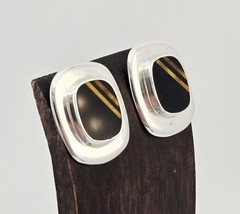 VTG Taxco Sterling Silver Black Gold Tigers Eye Inlay Post Earrings 15g Mexico
