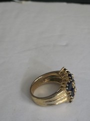 Vintage Blue Sapphire & Diamond Chip Cluster Ring, Size 6, Gold Plated Statement