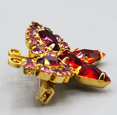 Vintage Petite Butterfly Red Pink Rhinestone Gold Tone Figural Pin Brooch