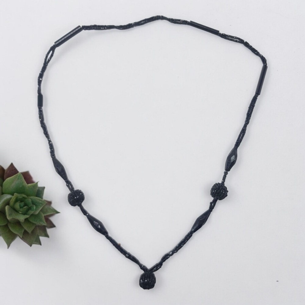 Antique Jet Glass Beaded Flapper Necklace Black Jet 32in Long