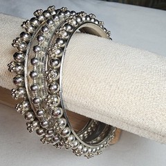 SET OF 3 Vintage Rajasthani Style BANGLE BRACELET Beaded Tribal Silvertone 8.25″