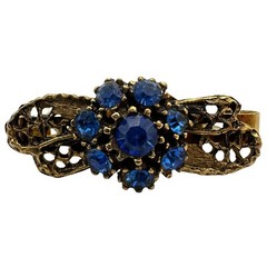 Vintage Gold Tone Filigree Blue Rhinestone Cluster Hinged Scarf Clip