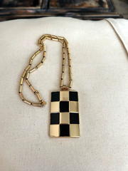 VINTAGE LANVIN PARIS GOLD TONE & BLACK CHECKERED PENDANT NECKLACE