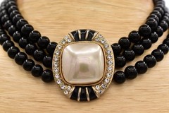 Vintage Black Bead Faux Pearl Rhinestone Enamel Multi Strand Choker 1980s BinBH
