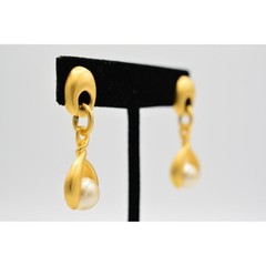 Vintage Dangle Pearl Drop Earrings Brushed Gold Matte Door Knockers 1980s BinAR