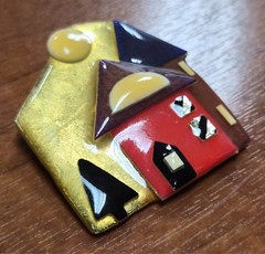 Vintage 90’s House Pins by Lucinda Red Home With Moon in Sky Pin / Brooch