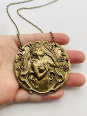 Vintage Style Art Nouveau Fairy Goddess Enchanted Forest Medallion Necklace 18in