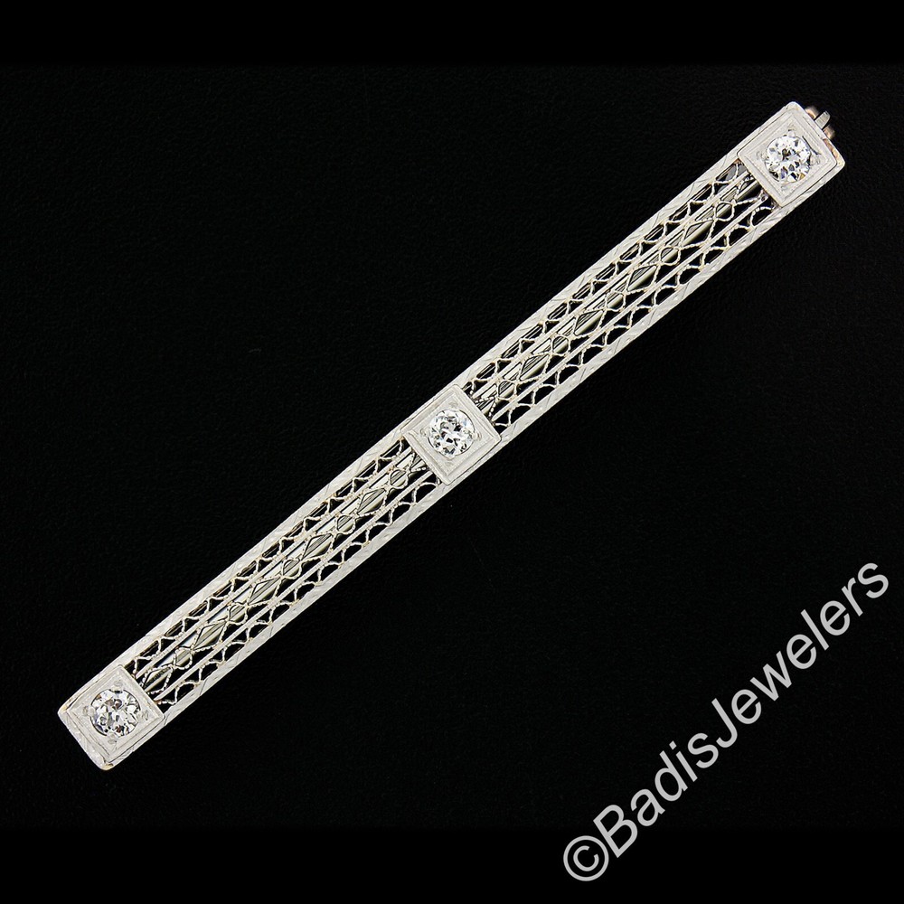 Antique Edwardian Platinum Top 14k Yellow Gold Diamond Filigree Bar Pin Brooch