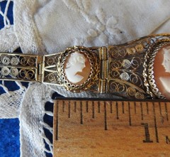 Antique 800 Silver Gold Plated Filigree 3 Natural Shell Cameo Bracelet 7″ 13.5g