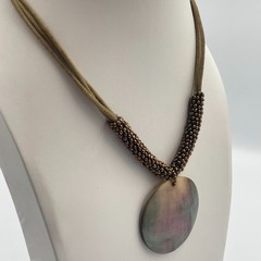 Vintage Lia Sophia Mother of Pearl Pendant Necklace Boho Beaded Cord Retro